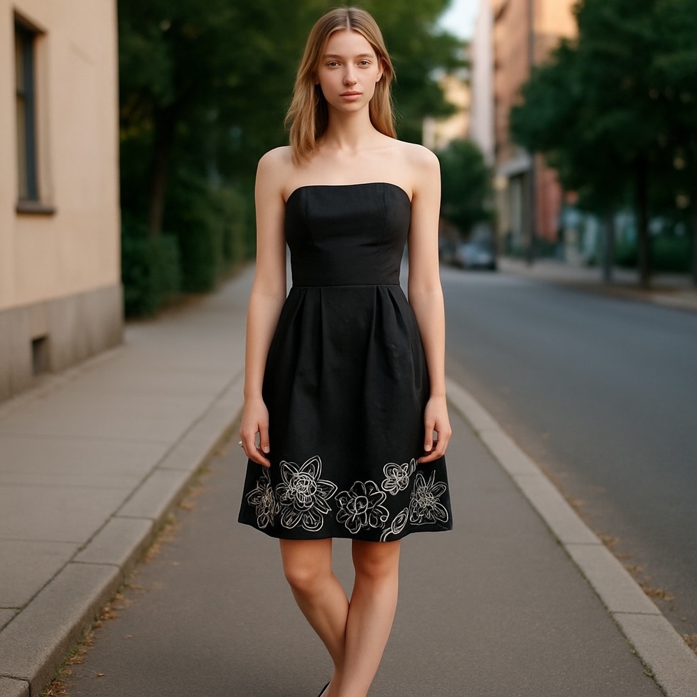 Robbie Bee Black Strapless Dress Bodice Stays Polished Cotton Embroidered Flower